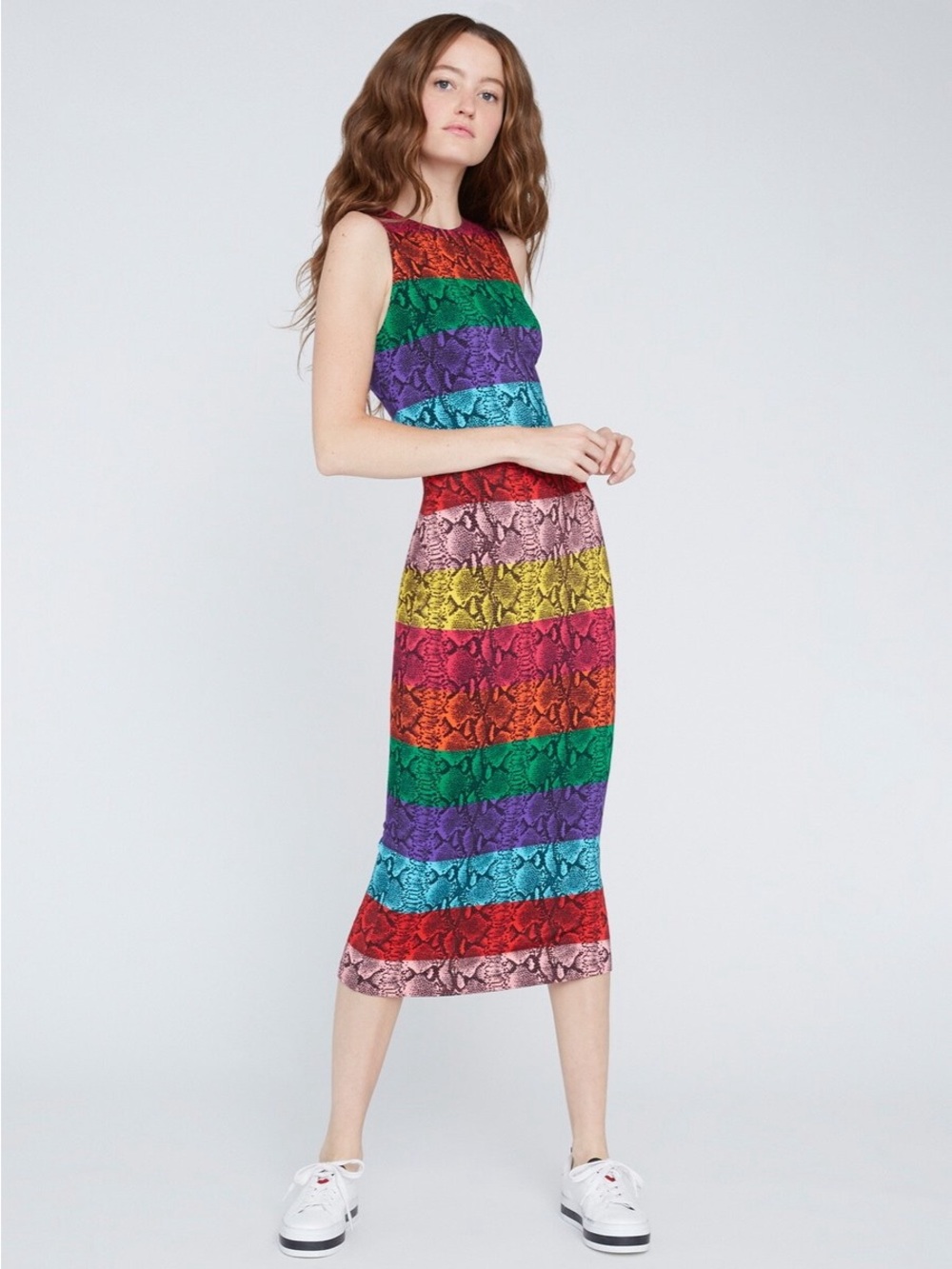 Alice + Olivia Delora Rainbow Snakeskin Stripe Midi Shift Dress NWT Size 4